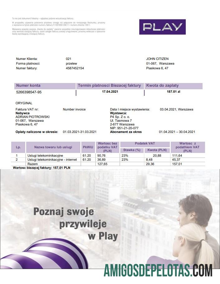 Para baixar modelo de conta de serviços públicos da Polônia Play em formato Word e PDF, totalmente editável